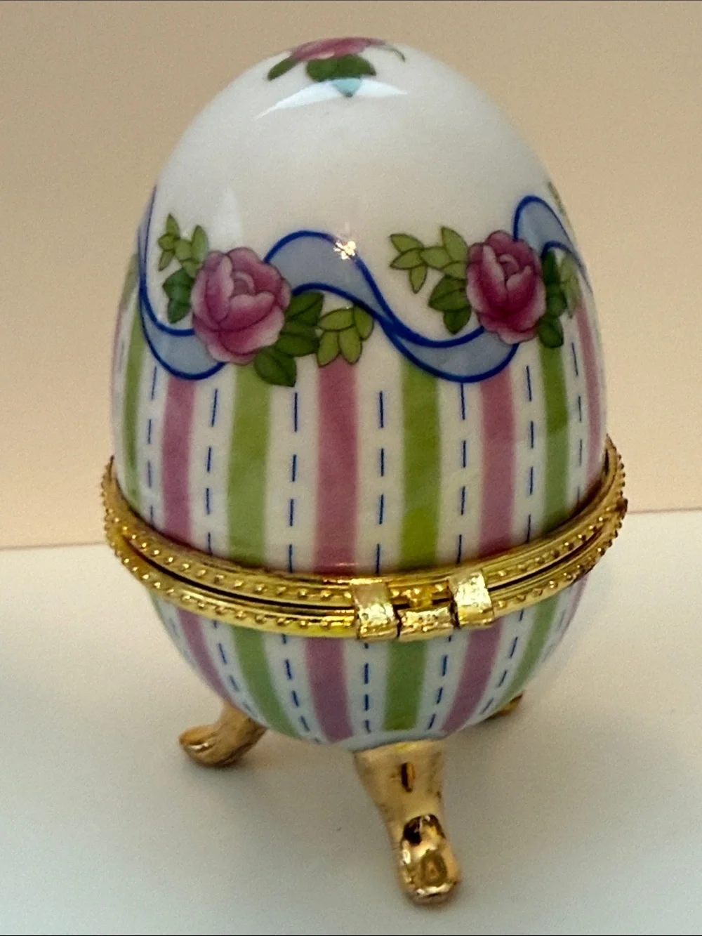 Genuine Porcelain hand painted romantic Victorian style egg shaped trinket box